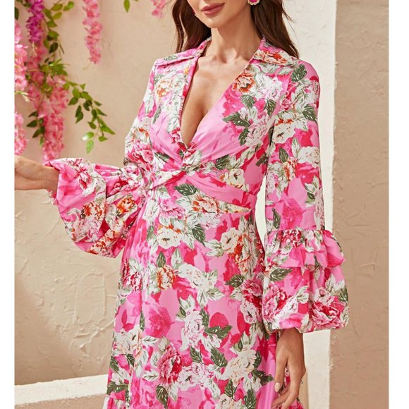 Floral V-Neck Flounce Sleeve Ruffle Hem Maxi Dress - Pink - Picture 2 of 6